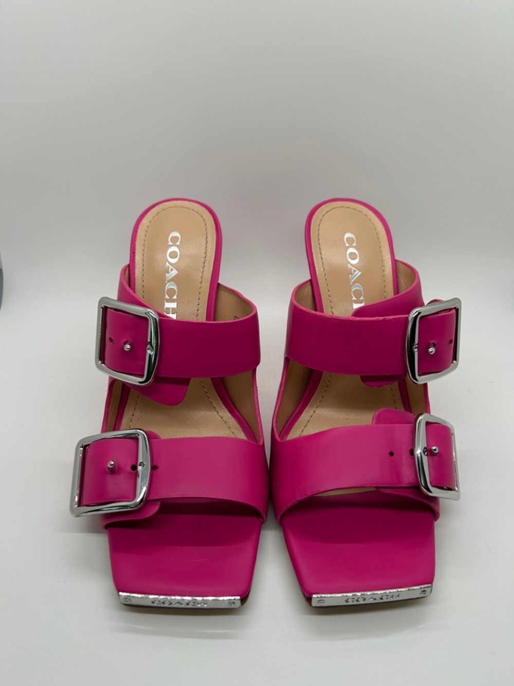 COACH Bright Pink Leather Double-Buckle Slide Stiletto Heels Shoes *Size 6.5* 🌸🌸 - Picture 3 of 9